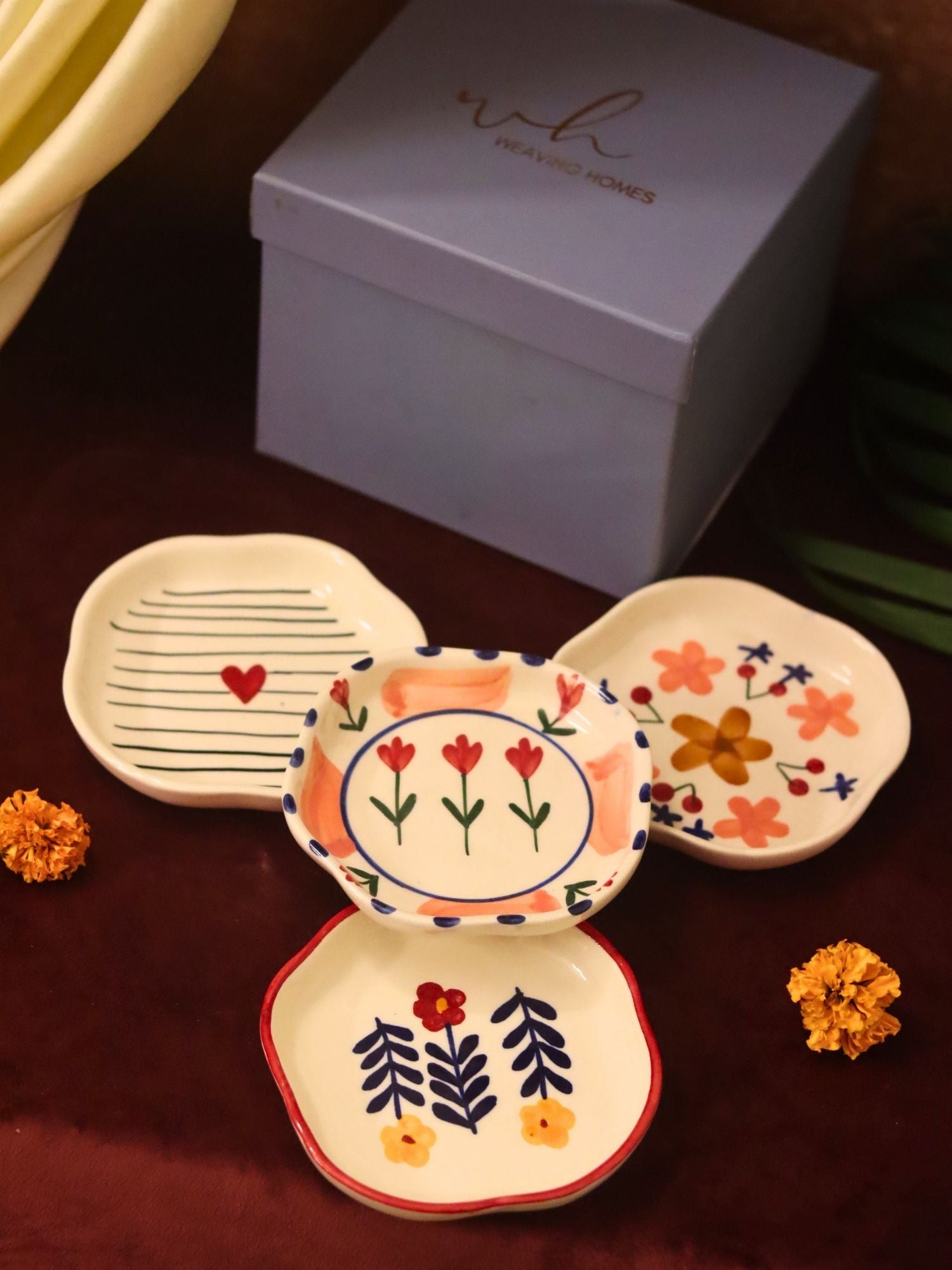 Set of 4 - Bloom, Striped heart, Peony & Floral bloom handmade dessert plate combo in a Gift box handmade in India