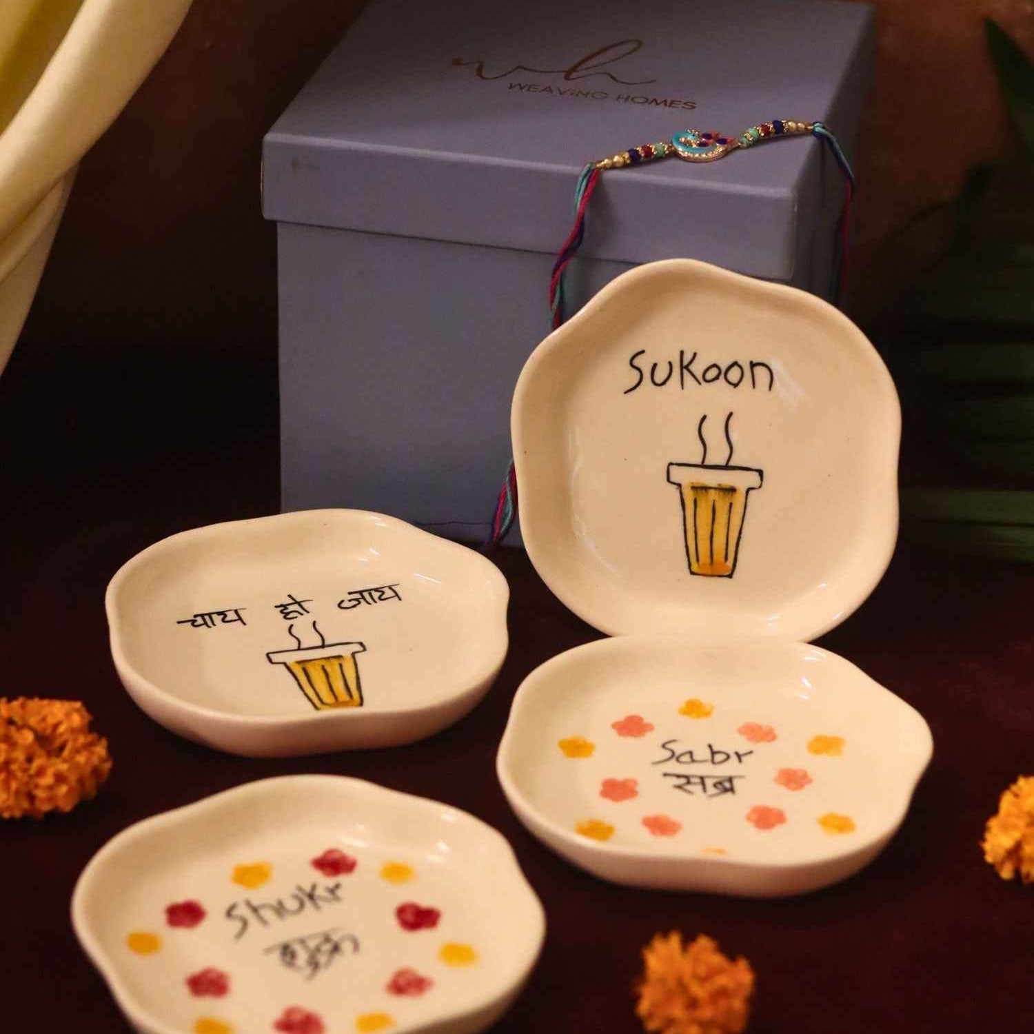 Set of 4 - Sukoon, Sabr, Shukr & Chai ho Jaye  handmade dessert plate combo Rakhi Gift box