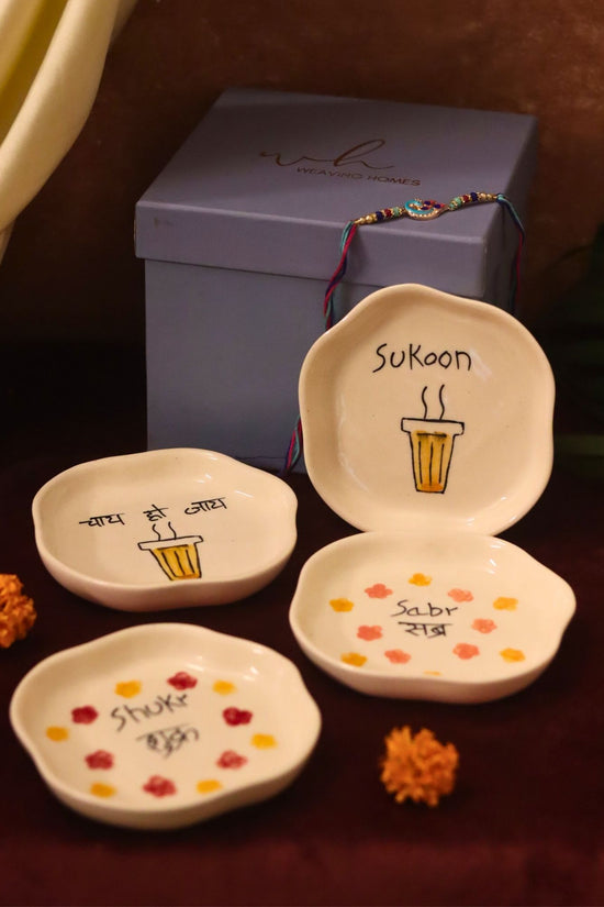 Handmade Set of 4 - Sukoon, Sabr, Shukr & Chai ho Jaye  handmade dessert plate combo Rakhi Gift box
