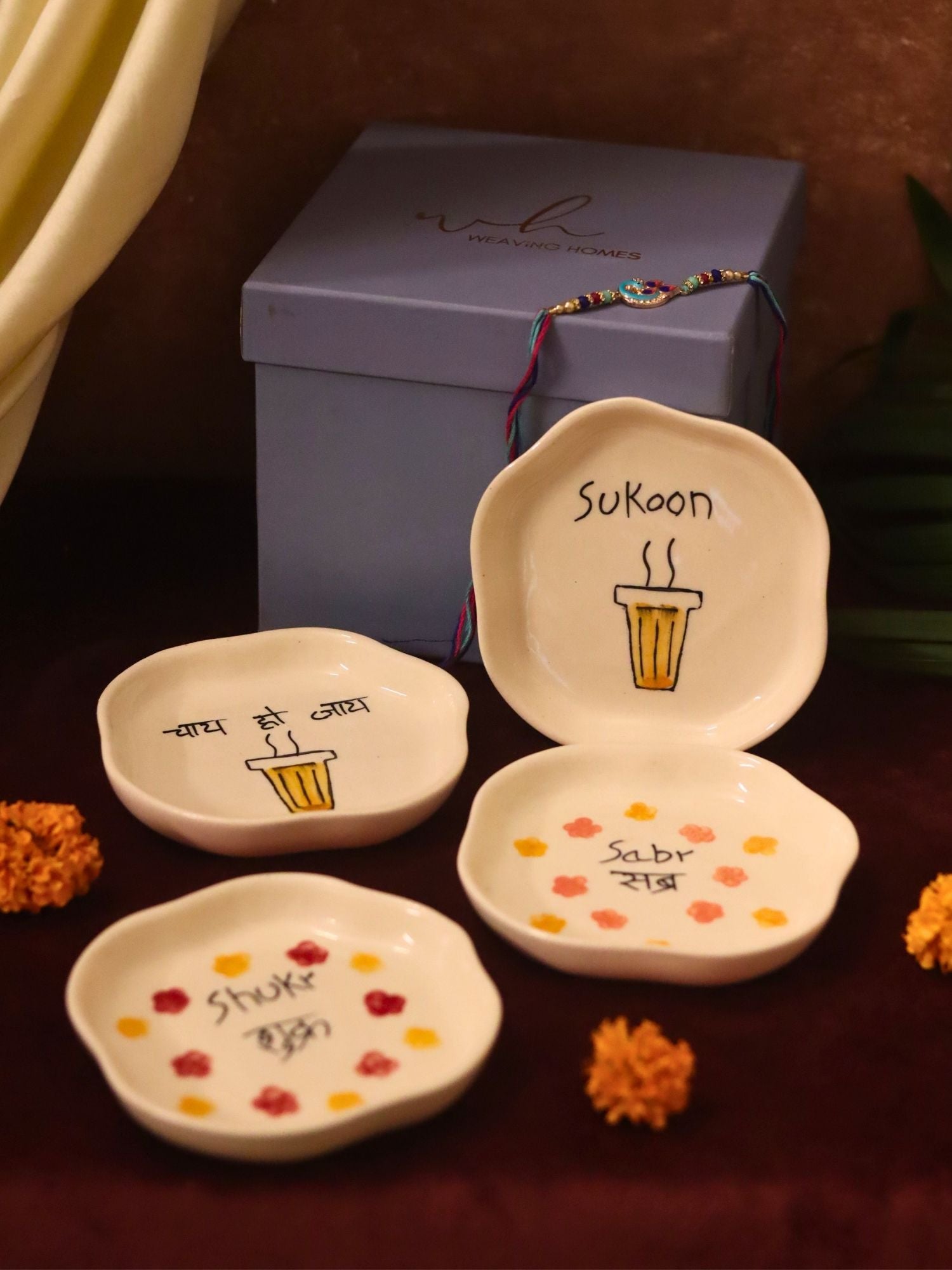 Handmade Set of 4 - Sukoon, Sabr, Shukr & Chai ho Jaye  handmade dessert plate combo Rakhi Gift box