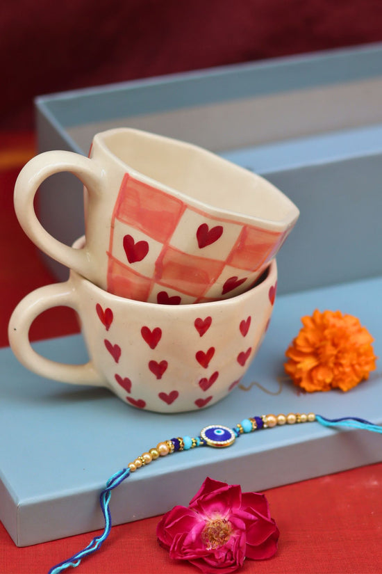 Heart & Chequered Heart in a Gift box with Rakhi handmade in India