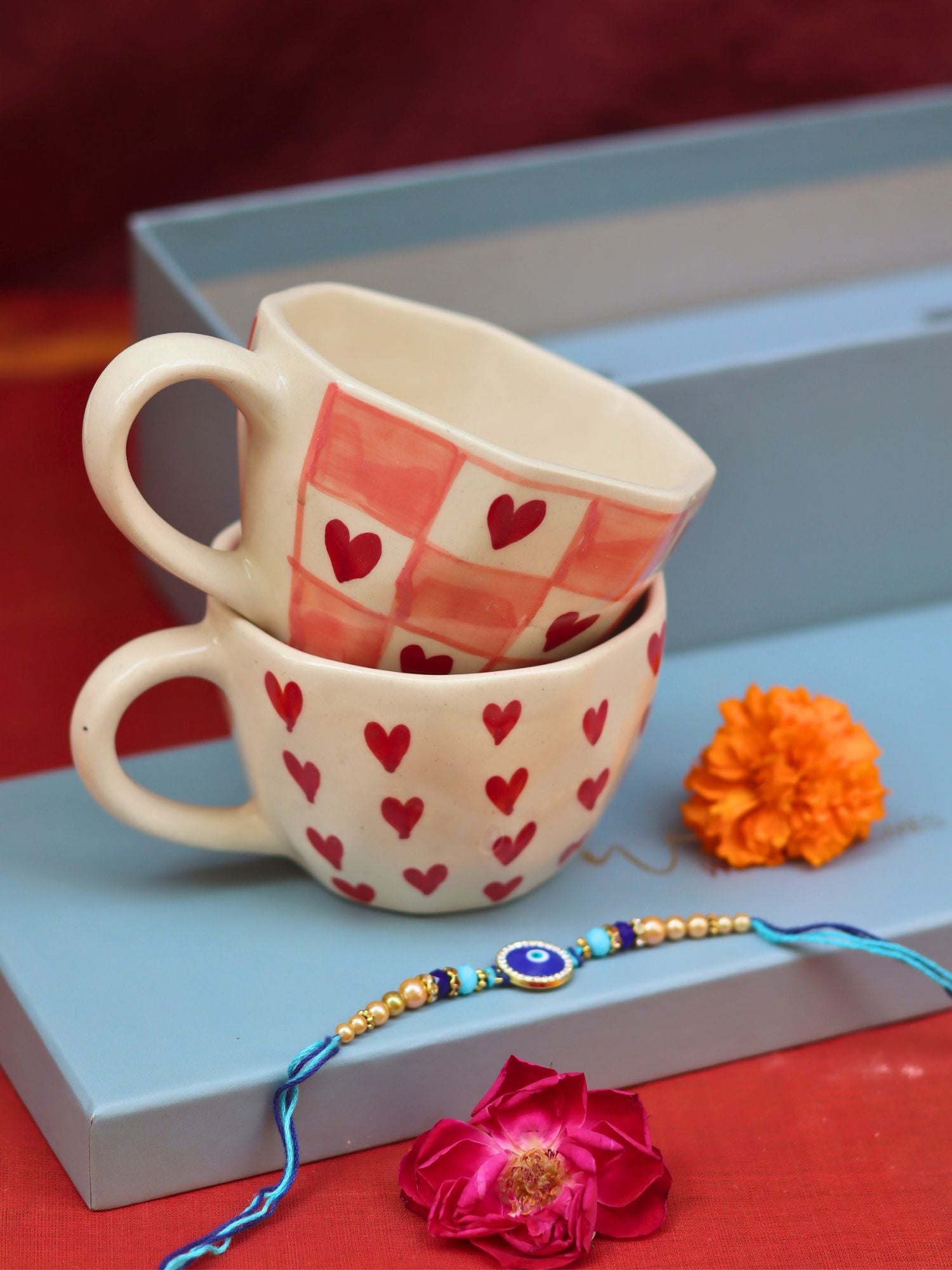 Heart & Chequered Heart in a Gift box with Rakhi handmade in India