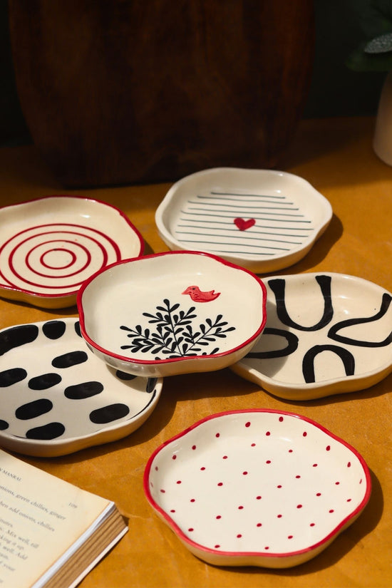 Set of 6 {red & black) handmade dessert plates (For the price of 5)