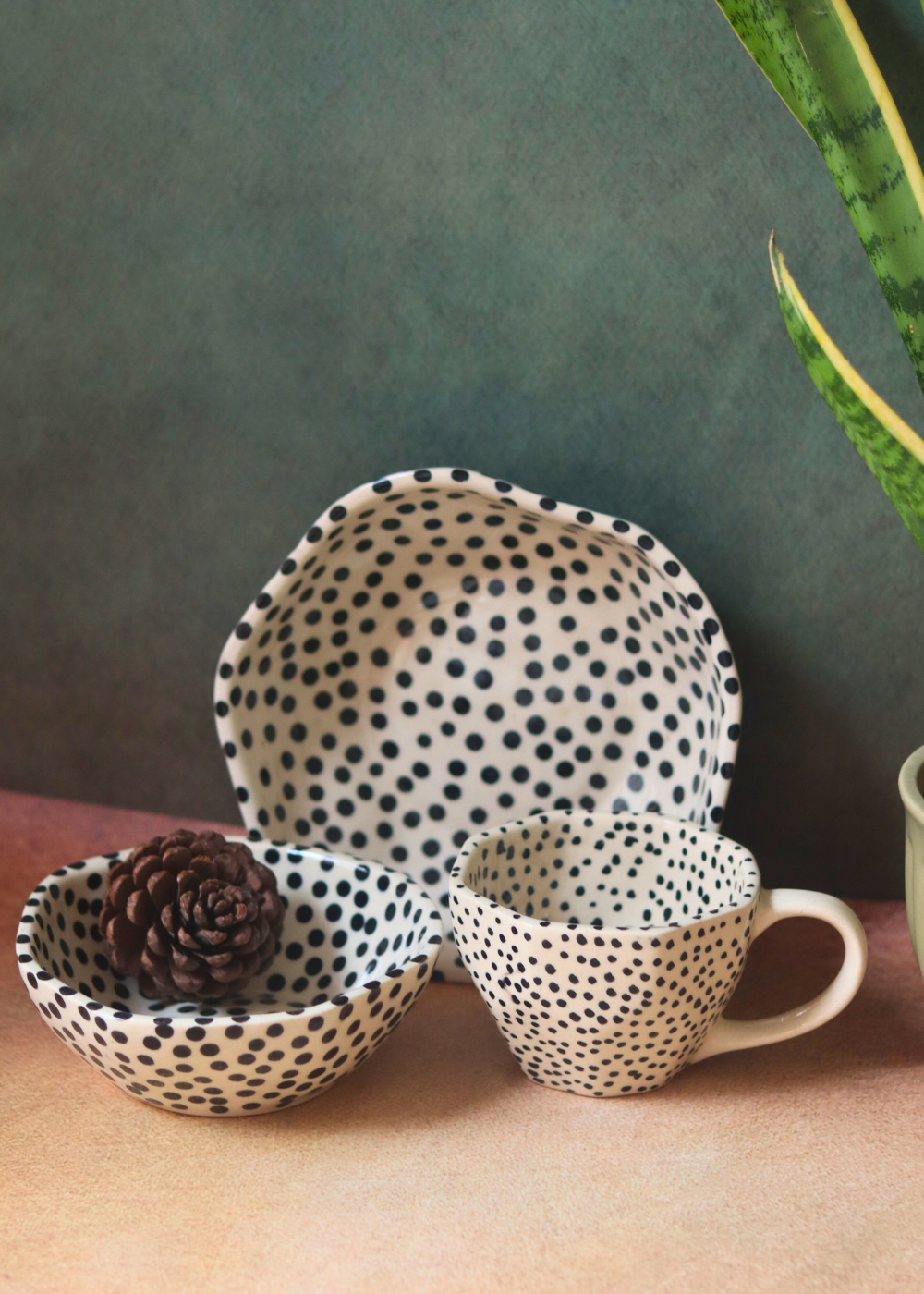 Black polka ceramic bowls & coffee mug