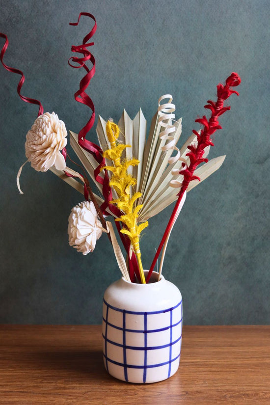 chequered blue vase with assorted bunch combo made by handcrafted 