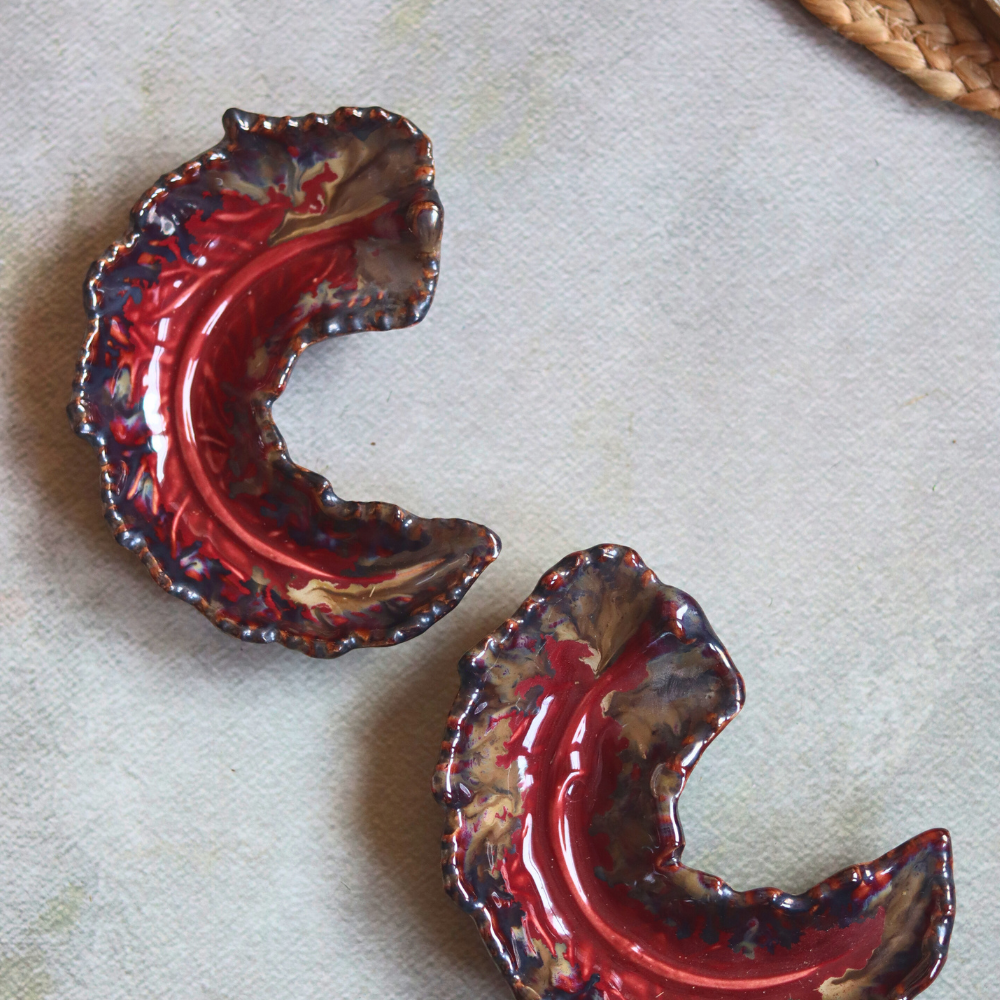 Two maroon leaf dip bowls 