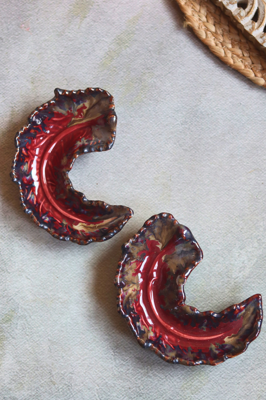 Two maroon leaf dip bowls 