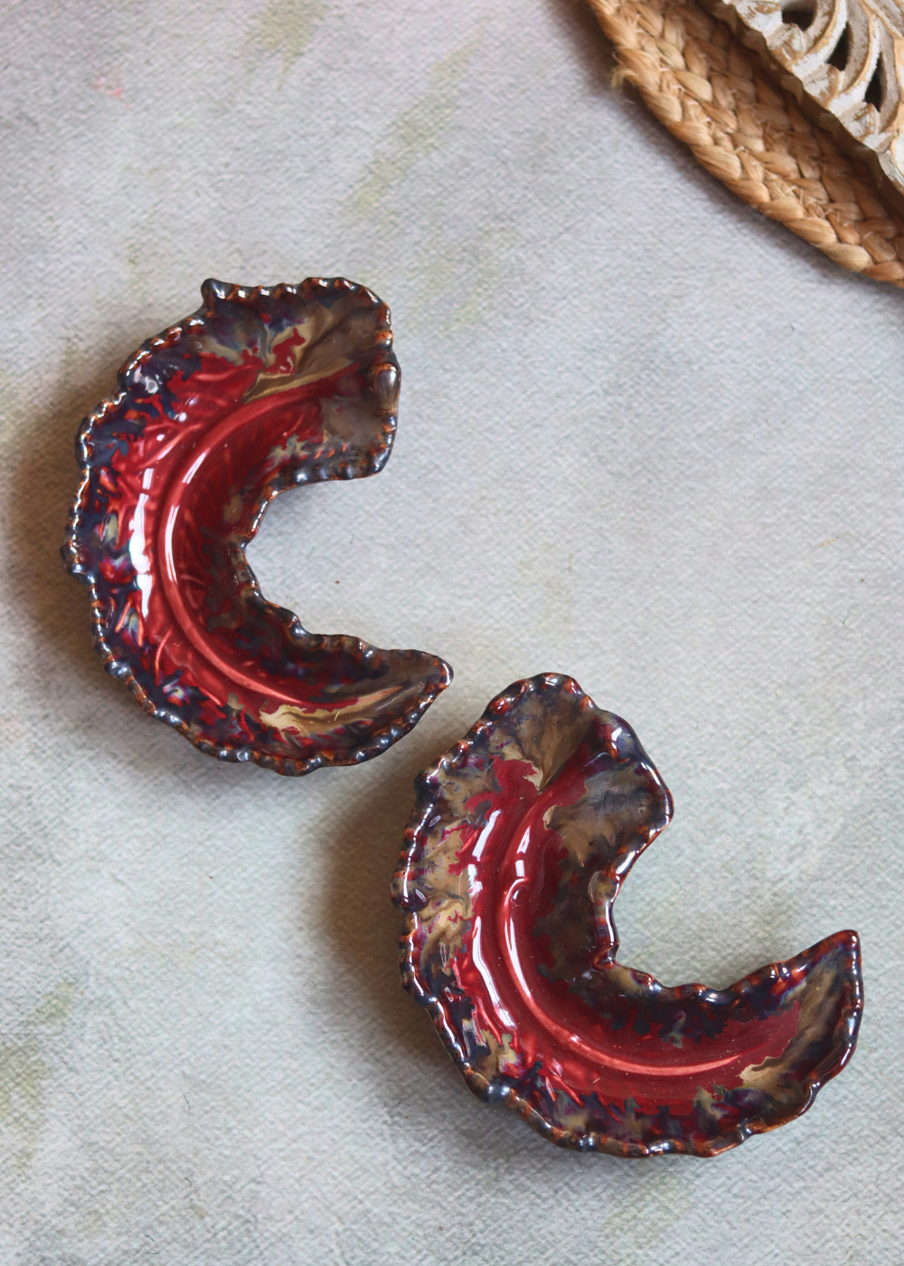 Two maroon leaf dip bowls 