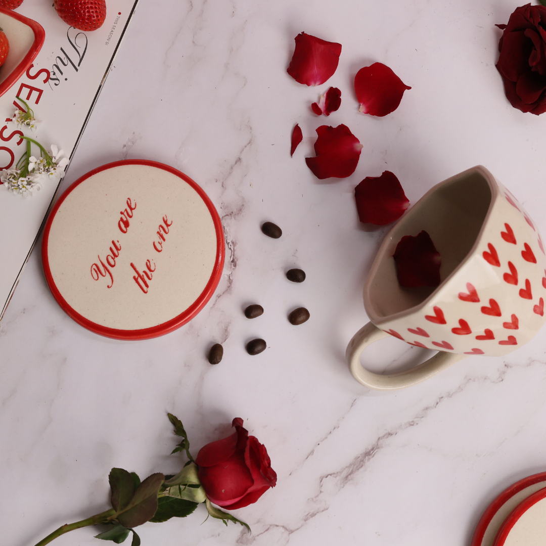 heart mug & you are the one coaster made by ceramic 
