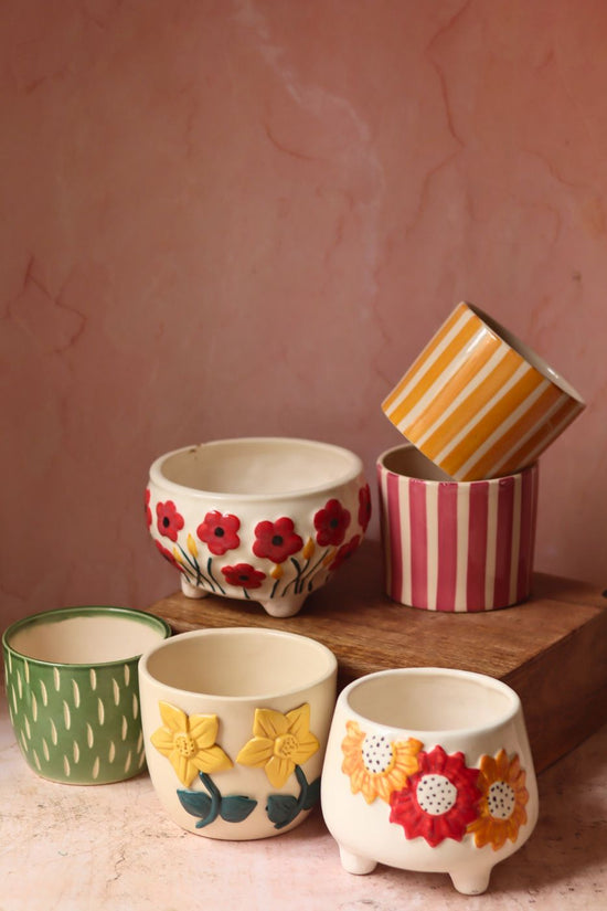 Handmade Set of 6 Floral Striped Delight Planters (for the price of 5 )