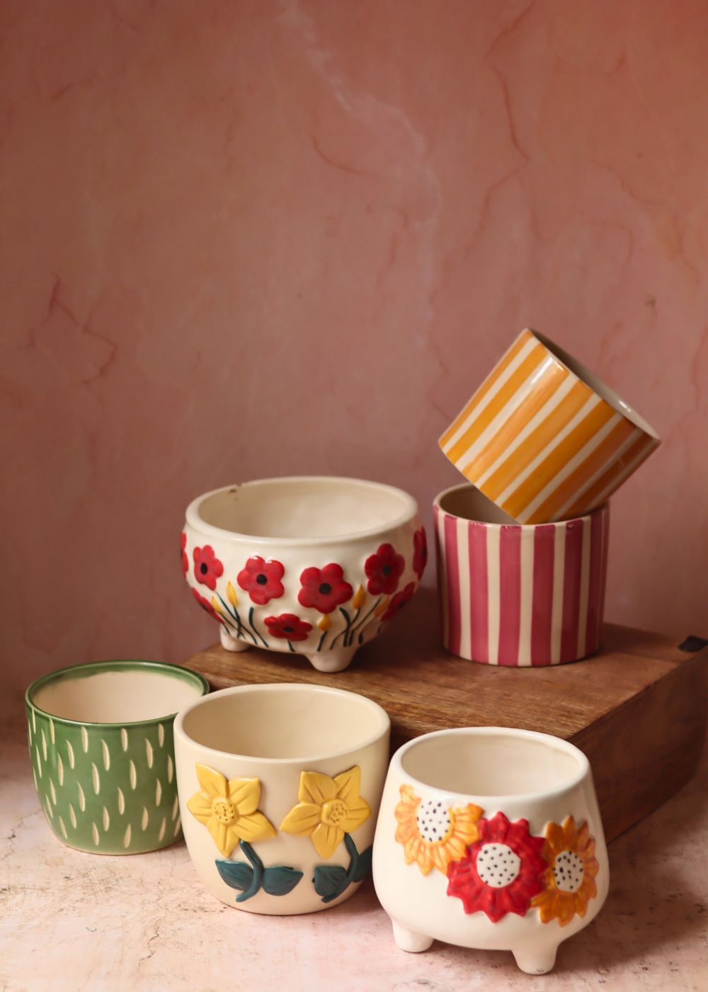 Handmade Set of 6 Floral Striped Delight Planters (for the price of 5 )