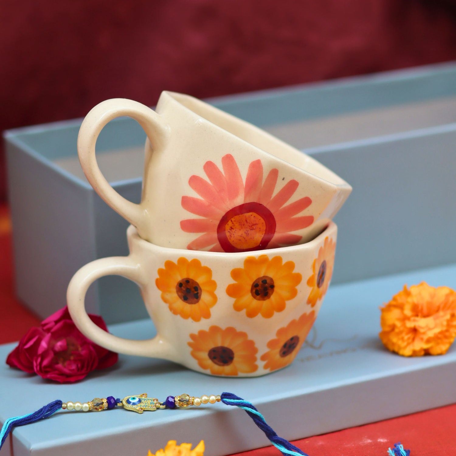 Handmade Surajmukhi & Flower Mug Rakhi Gift Box