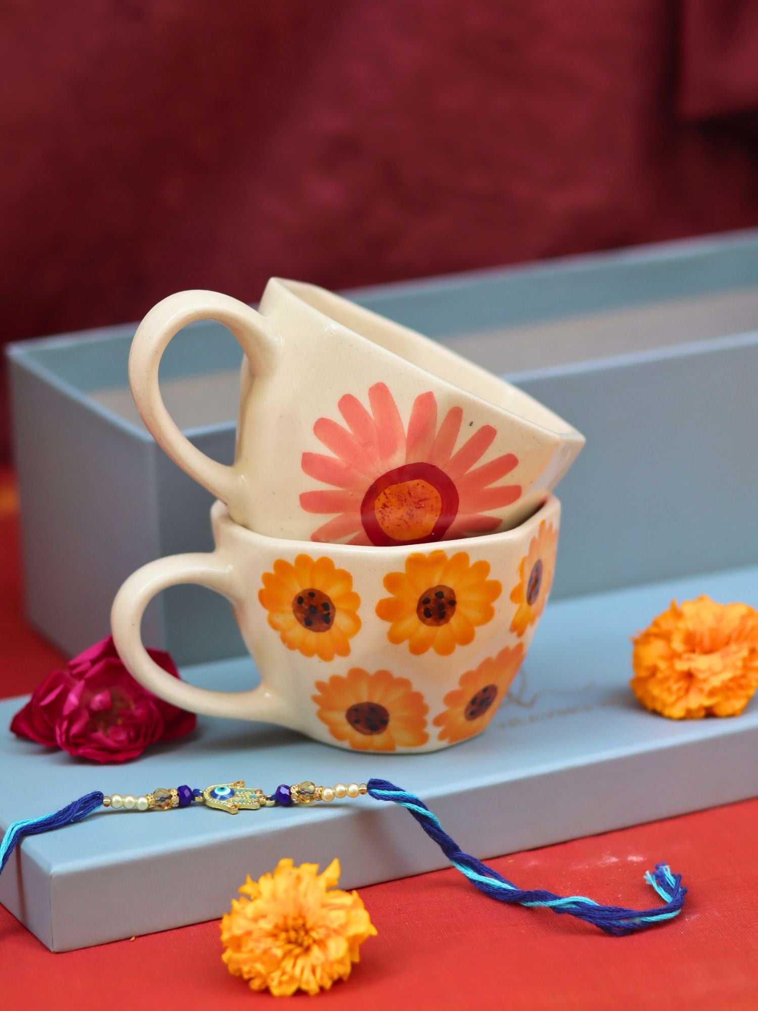 Handmade Surajmukhi & Flower Mug Rakhi Gift Box