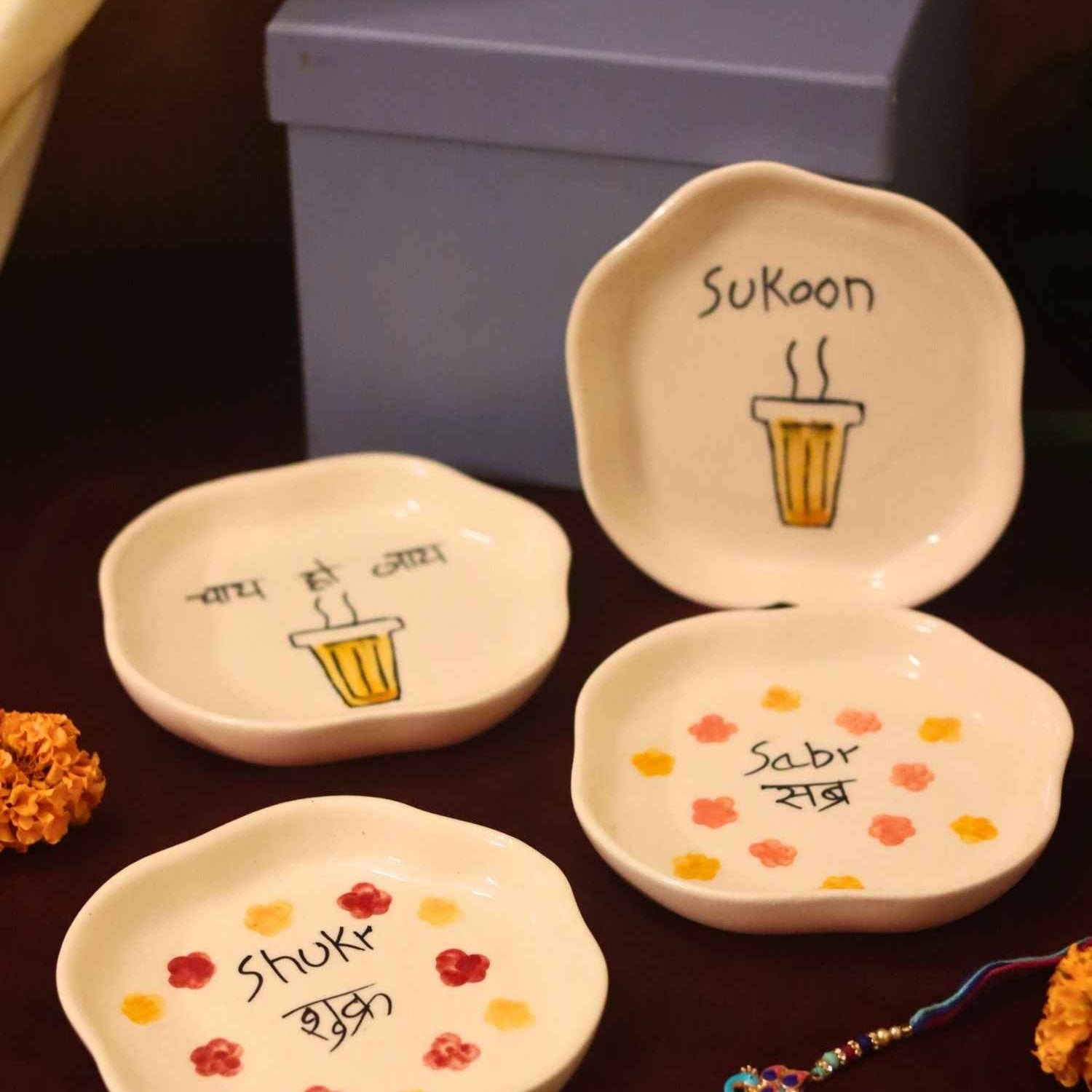 Set of 4 - Sukoon, Sabr, Shukr & Chai ho Jaye  handmade dessert plate combo Rakhi Gift box