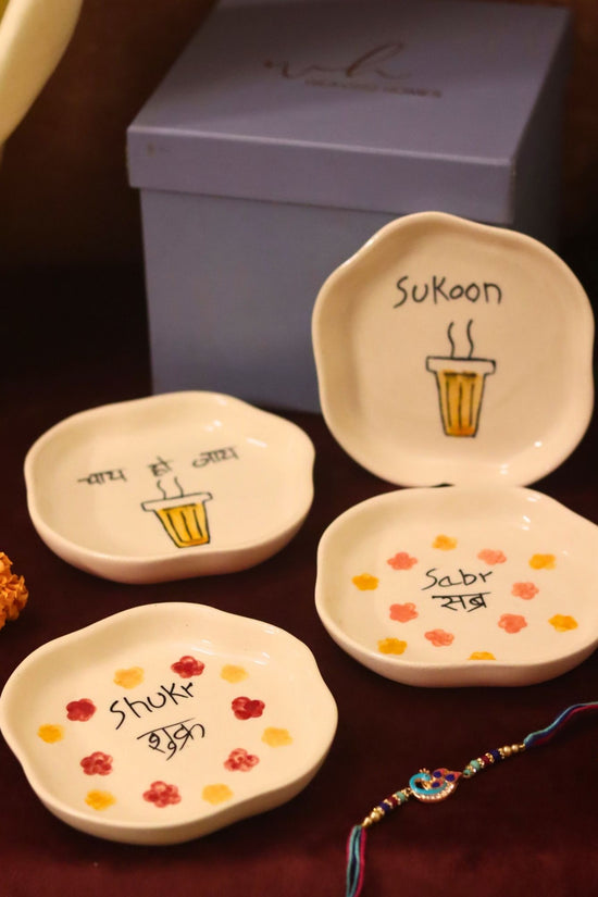 Set of 4 - Sukoon, Sabr, Shukr & Chai ho Jaye  handmade dessert plate combo Rakhi Gift box made by ceramic
