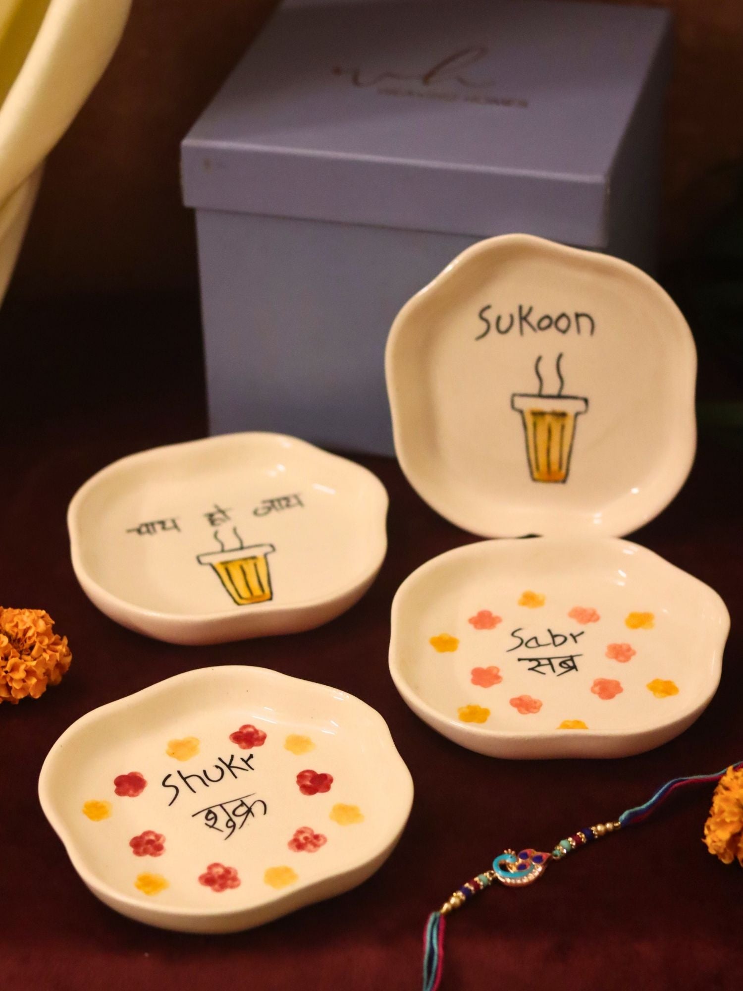 Set of 4 - Sukoon, Sabr, Shukr & Chai ho Jaye  handmade dessert plate combo Rakhi Gift box made by ceramic