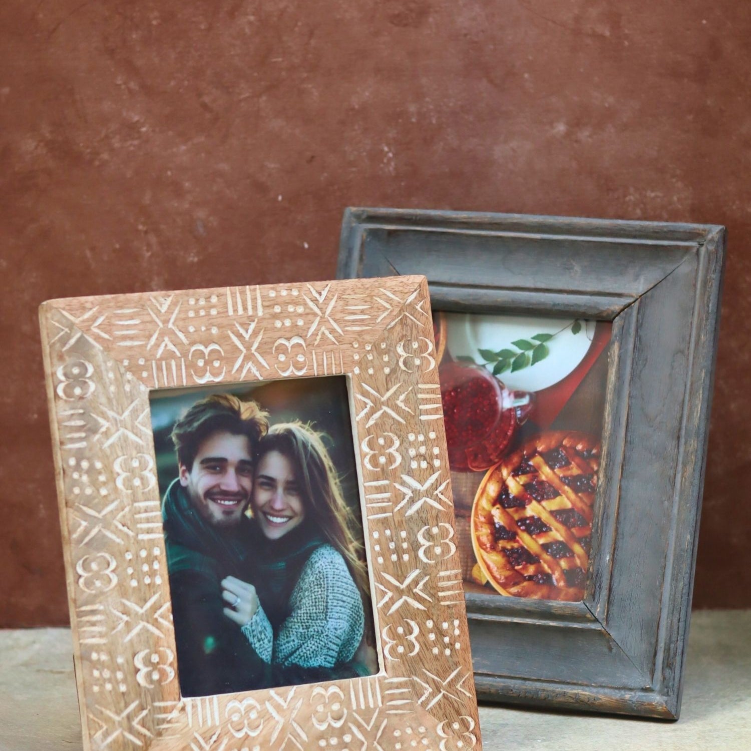 Handmade Set of 2 - Rustic Grey & Aesthetic Carved Wooden Frame combo