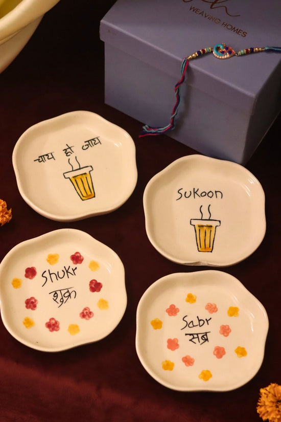 Set of 4 - Sukoon, Sabr, Shukr & Chai ho Jaye  handmade dessert plate combo Rakhi Gift box with premium quality material