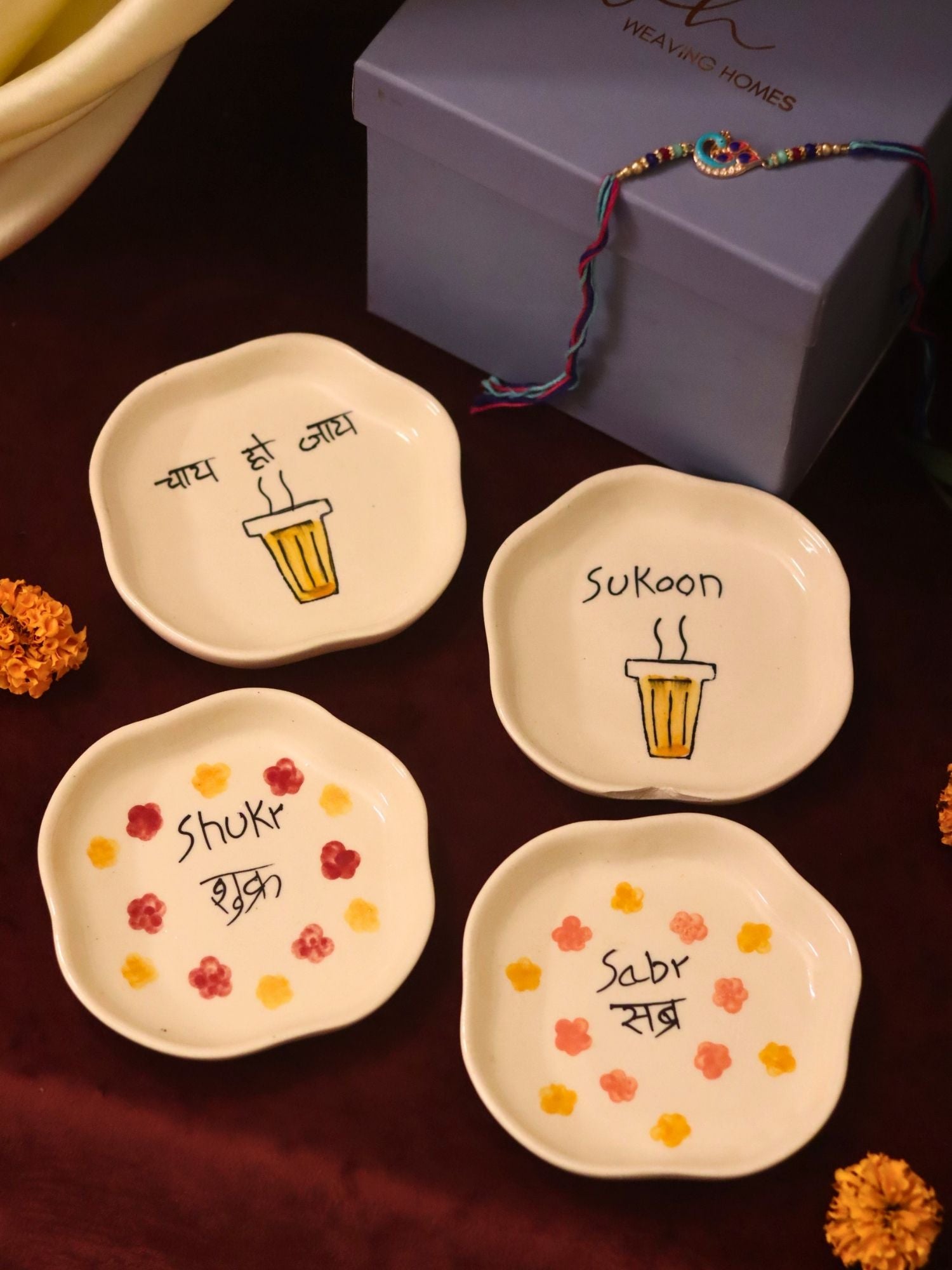 Set of 4 - Sukoon, Sabr, Shukr & Chai ho Jaye  handmade dessert plate combo Rakhi Gift box with premium quality material
