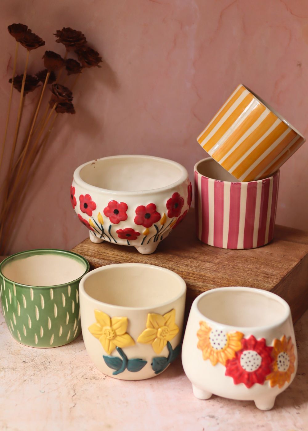 Set of 6 Floral Striped Delight Planters (for the price of 5 ) made by ceramic