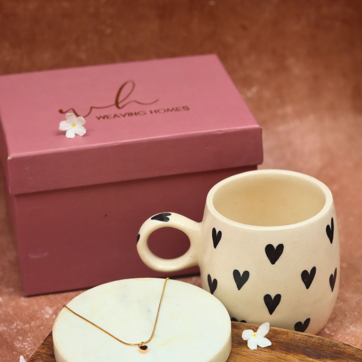 Black Heart Karva Chauth hamper with a mug & a necklace set