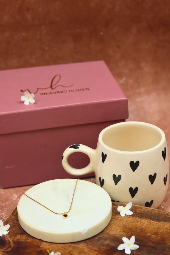 Black Heart Karva Chauth hamper with a mug & a necklace set