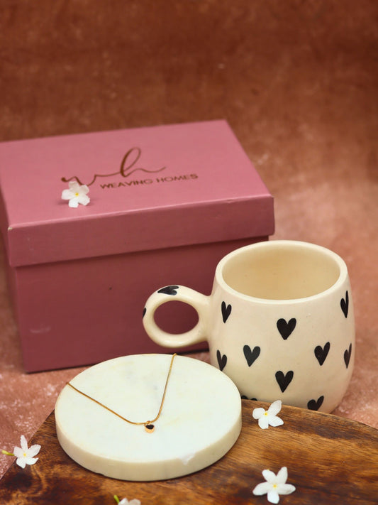 Black Heart Karva Chauth hamper with a mug & a necklace set
