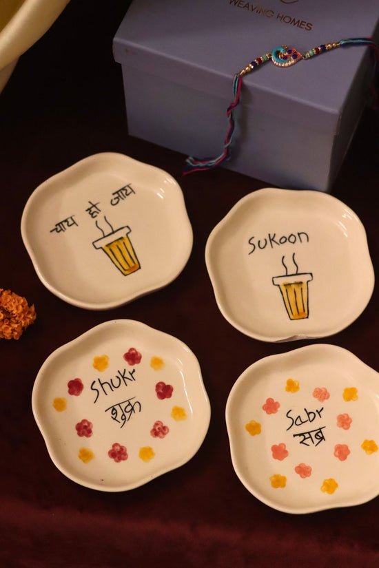 Set of 4 - Sukoon, Sabr, Shukr & Chai ho Jaye  handmade dessert plate combo Rakhi Gift box handmade in India