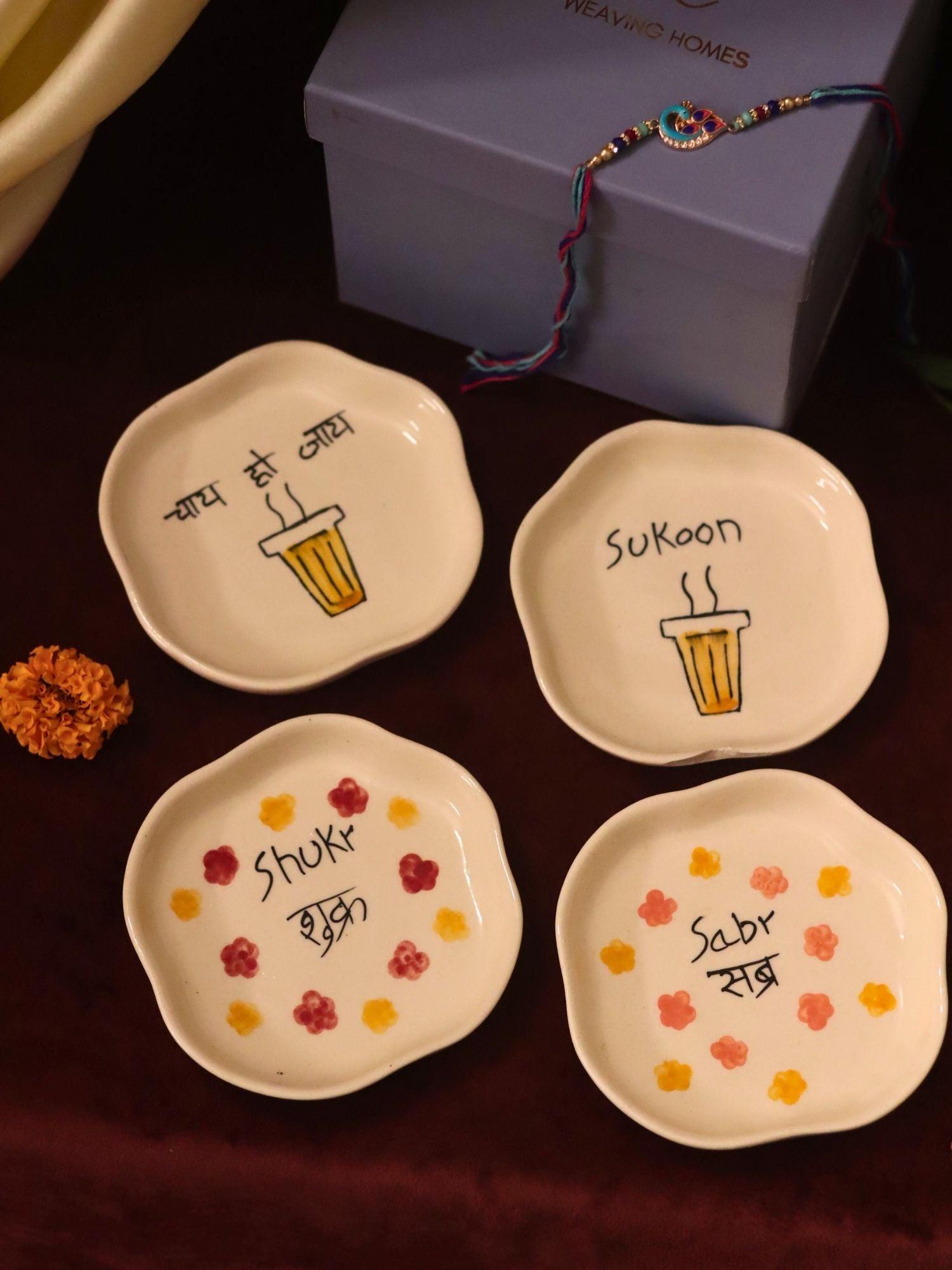 Set of 4 - Sukoon, Sabr, Shukr & Chai ho Jaye  handmade dessert plate combo Rakhi Gift box handmade in India