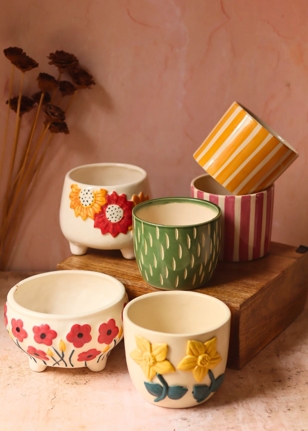 Set of 6 Floral Striped Delight Planters (for the price of 5 ) with premium quality material