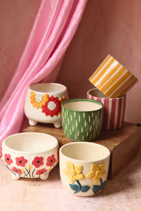Set of 6 Floral Striped Delight Planters (for the price of 5 ) handmade in India