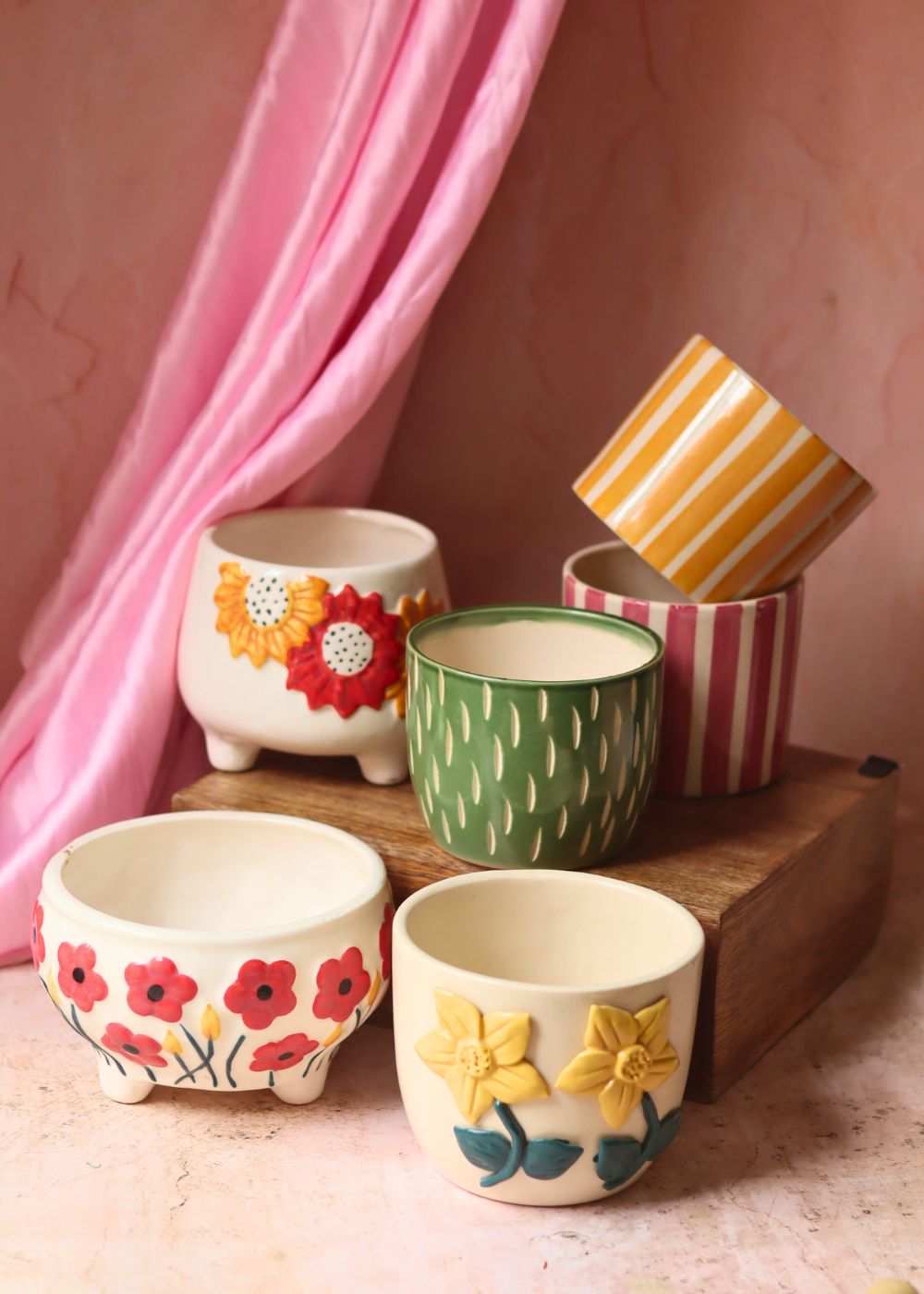 Set of 6 Floral Striped Delight Planters (for the price of 5 ) handmade in India