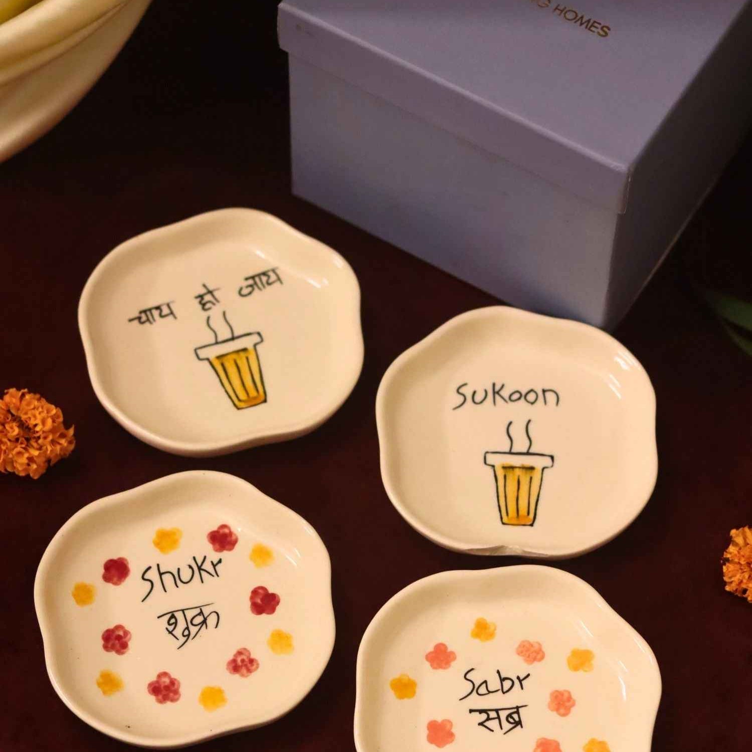 Set of 4 - Sukoon, Sabr, Shukr & Chai ho Jaye handmade dessert plate combo in a Gift box