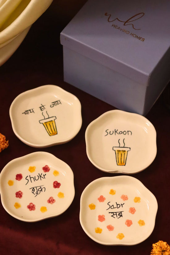 Lead free Set of 4 - Sukoon, Sabr, Shukr & Chai ho Jaye handmade dessert plate combo in a Gift box