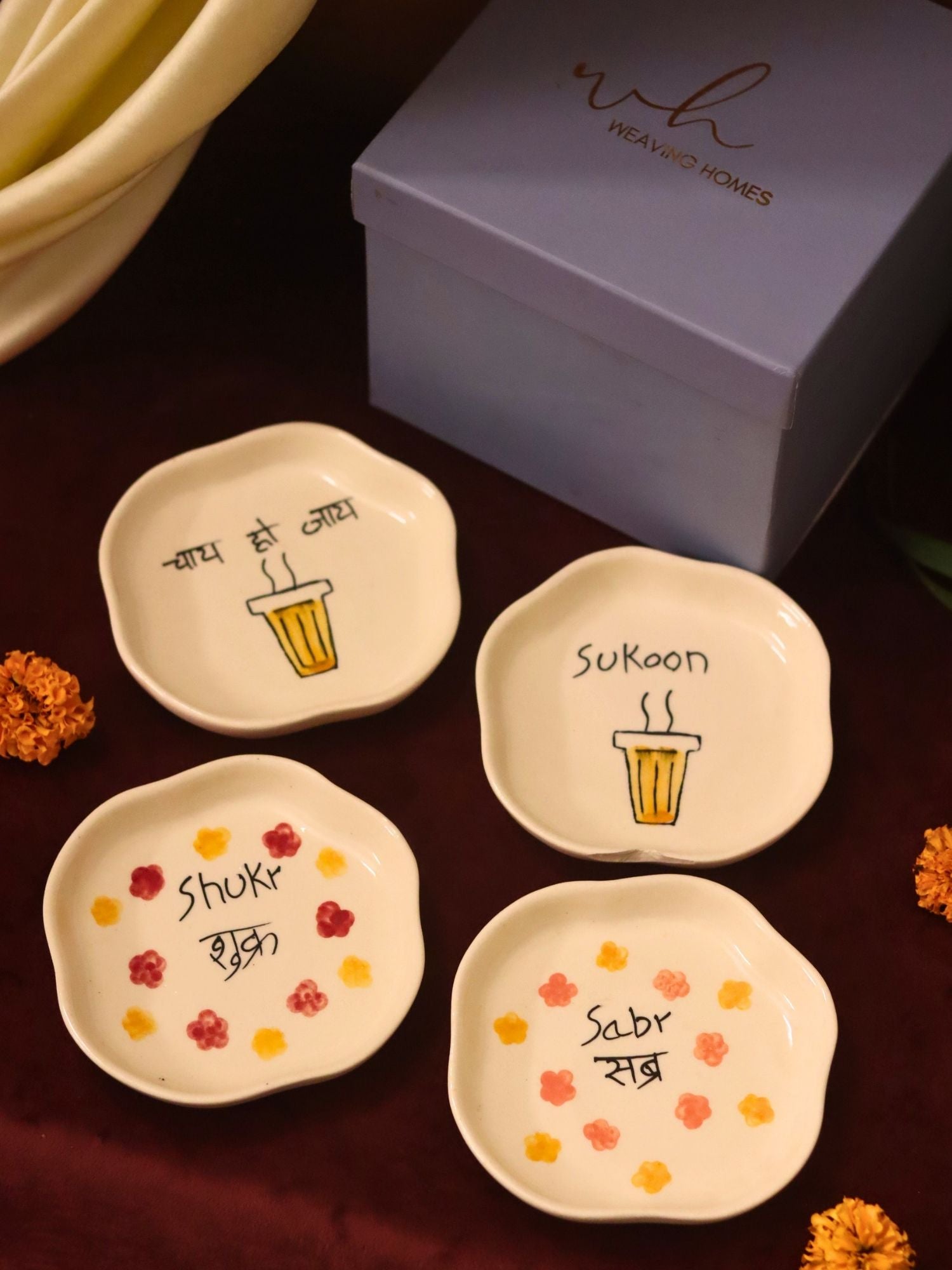 Lead free Set of 4 - Sukoon, Sabr, Shukr & Chai ho Jaye handmade dessert plate combo in a Gift box