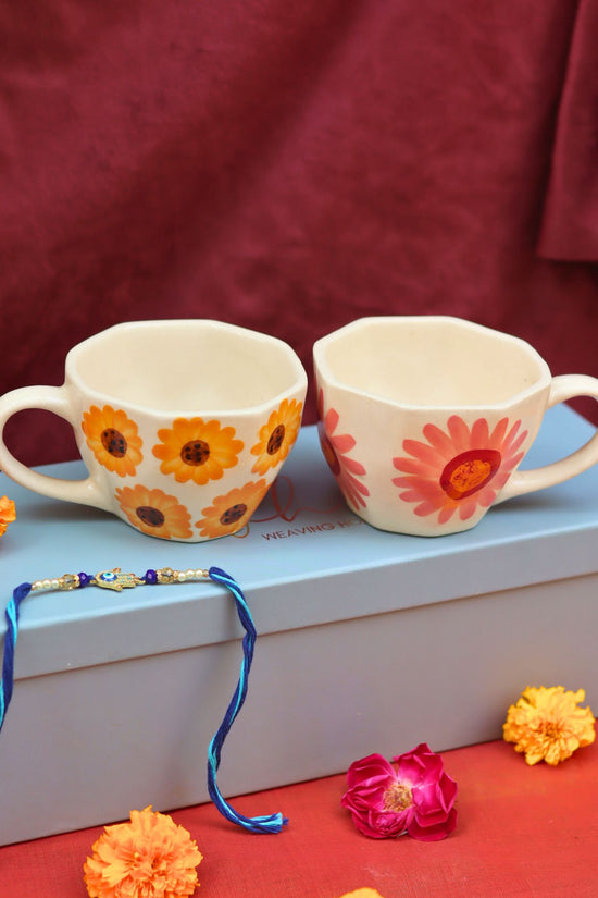 Surajmukhi & Flower Mug Rakhi Gift Box handmade in India