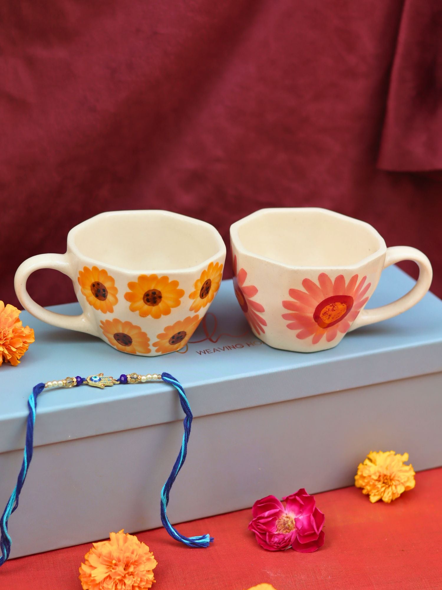 Surajmukhi & Flower Mug Rakhi Gift Box handmade in India