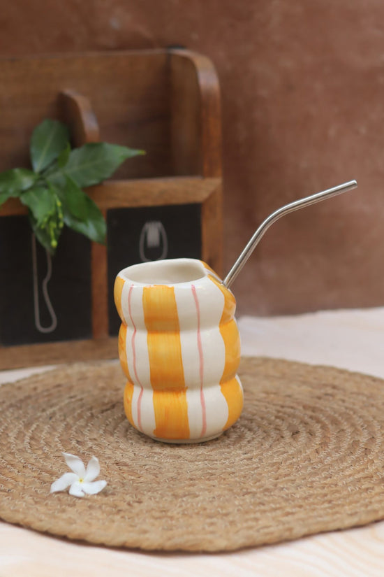Set of 2 - Popcorn Tub & Yellow Striped Sipper Combo handmade in India