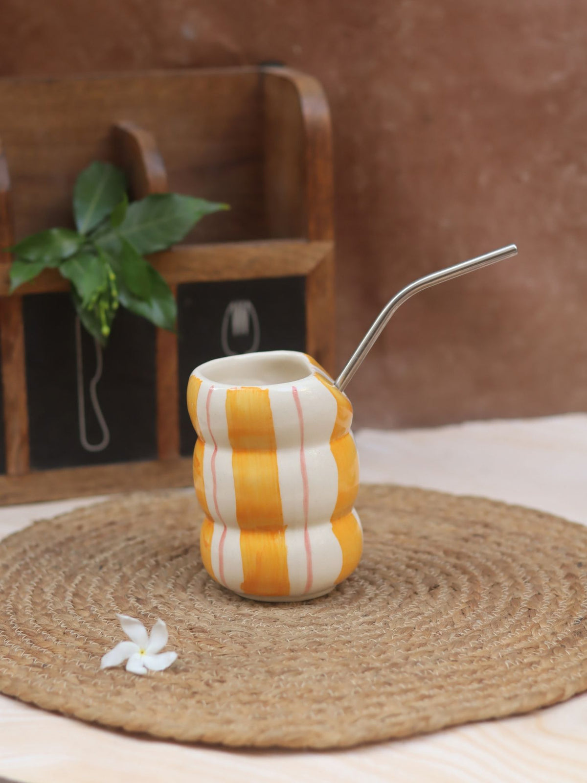 Set of 2 - Popcorn Tub & Yellow Striped Sipper Combo handmade in India