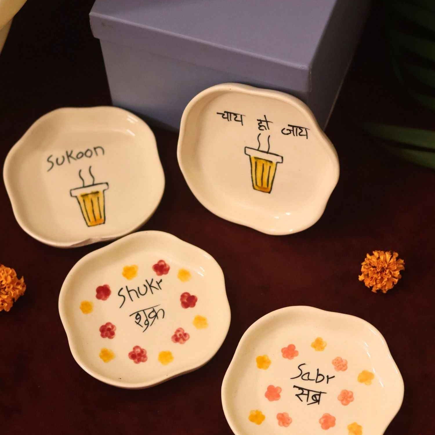 Set of 4 - Sukoon, Sabr, Shukr & Chai ho Jaye handmade dessert plate combo in a Gift box