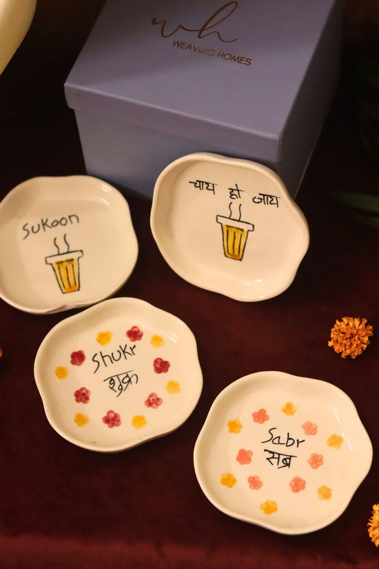 Set of 4 - Sukoon, Sabr, Shukr & Chai ho Jaye handmade dessert plate combo in a Gift box made by ceramic