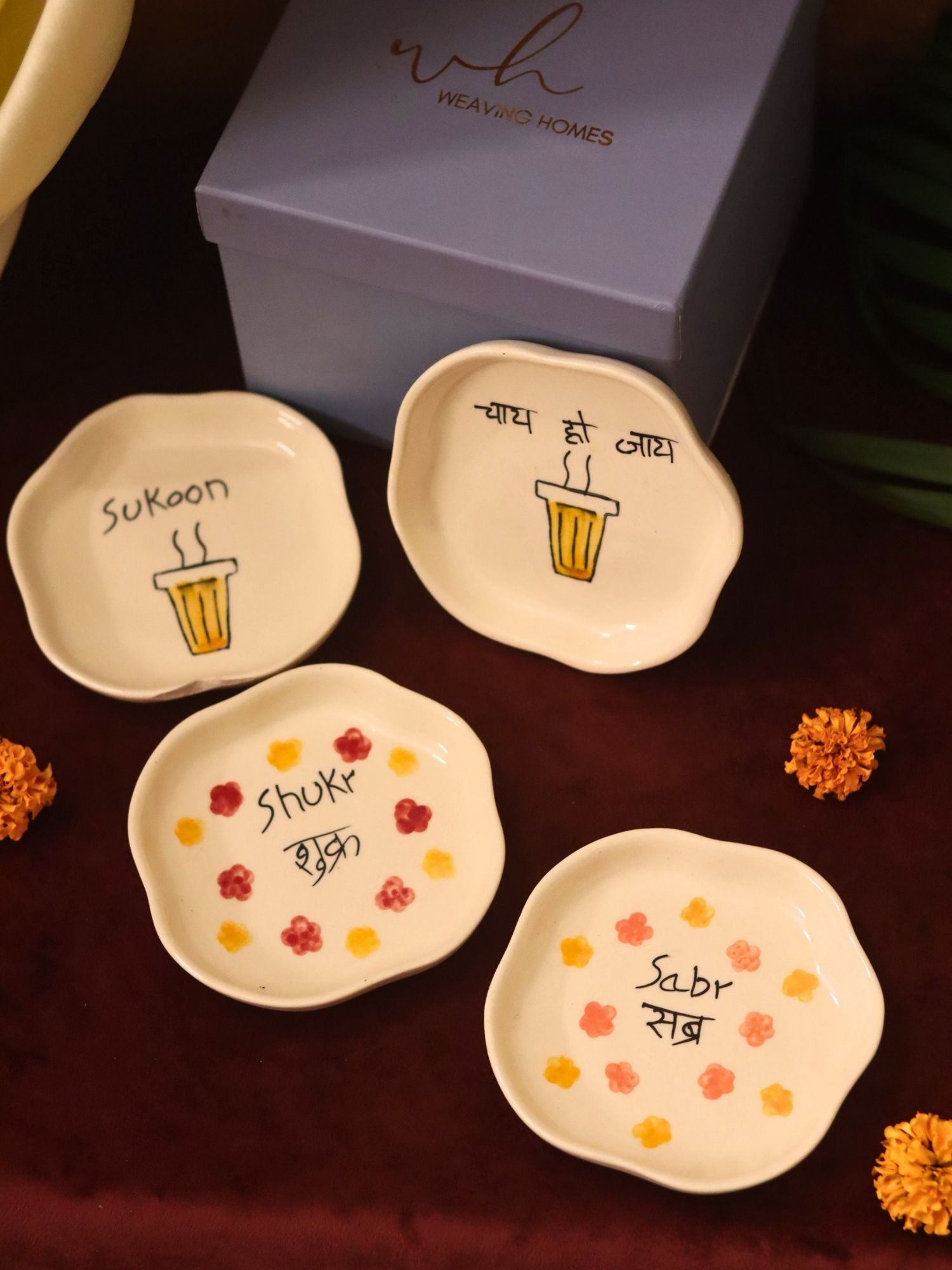 Set of 4 - Sukoon, Sabr, Shukr & Chai ho Jaye handmade dessert plate combo in a Gift box made by ceramic
