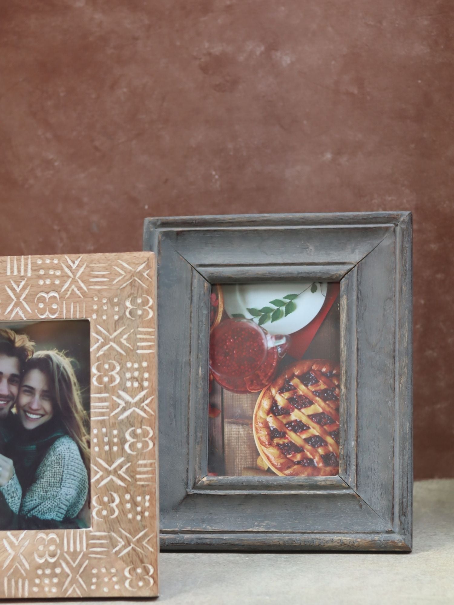 Set of 2 - Rustic Grey & Aesthetic Carved Wooden Frame combo handmade in India