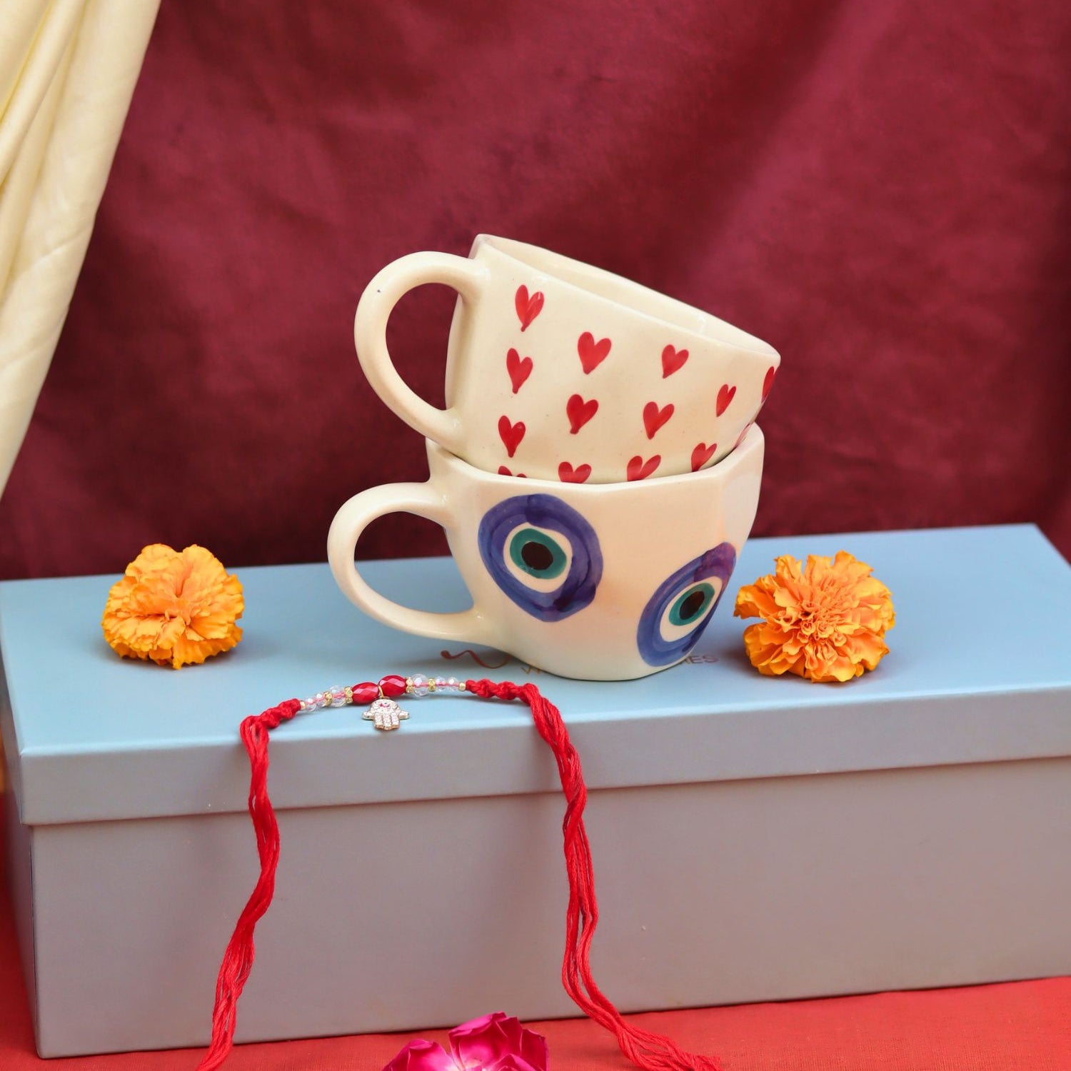 Handmade Heart & Evil Eye Mug Set Rakhi Gift Box