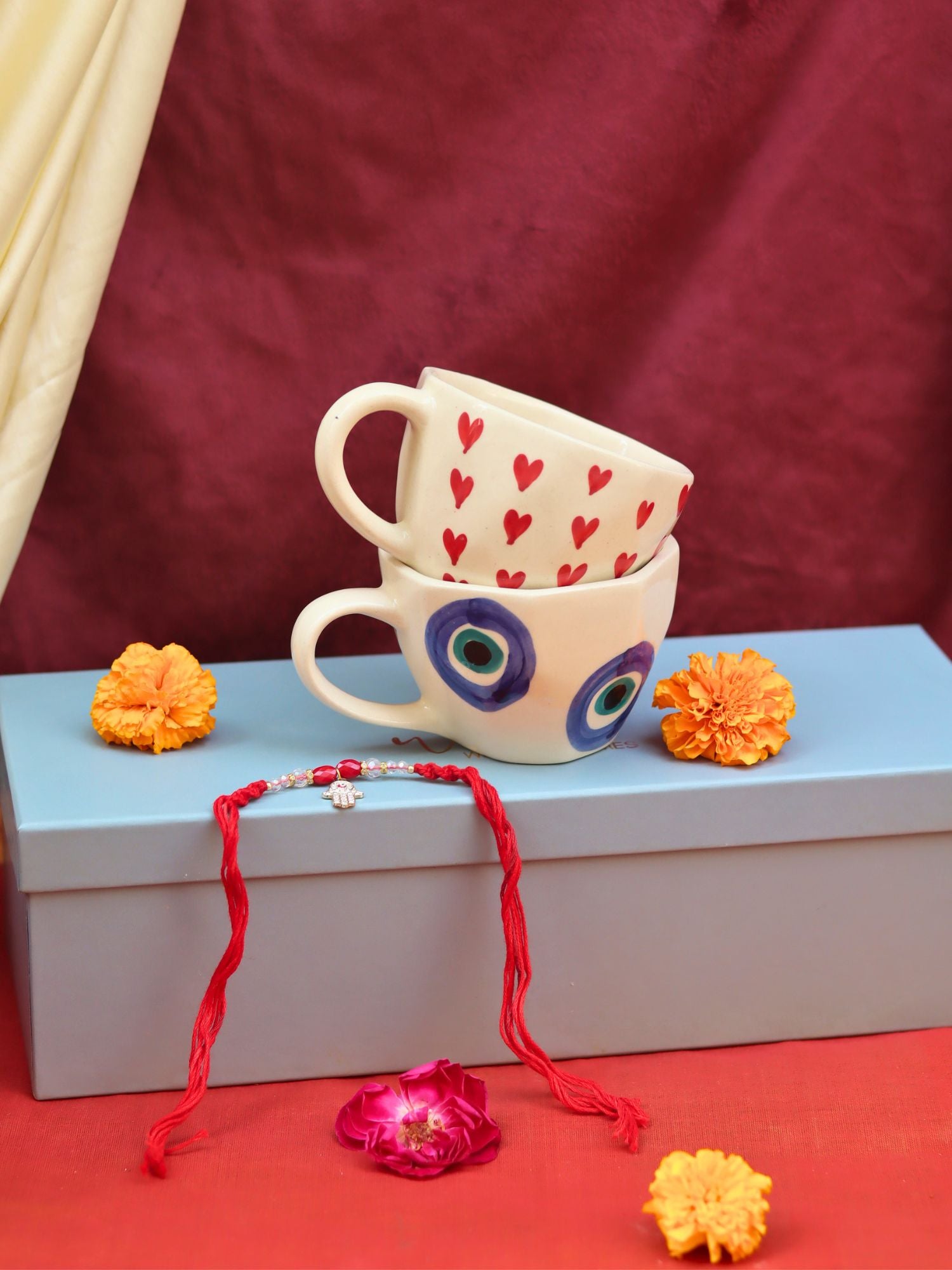 Handmade Heart & Evil Eye Mug Set Rakhi Gift Box