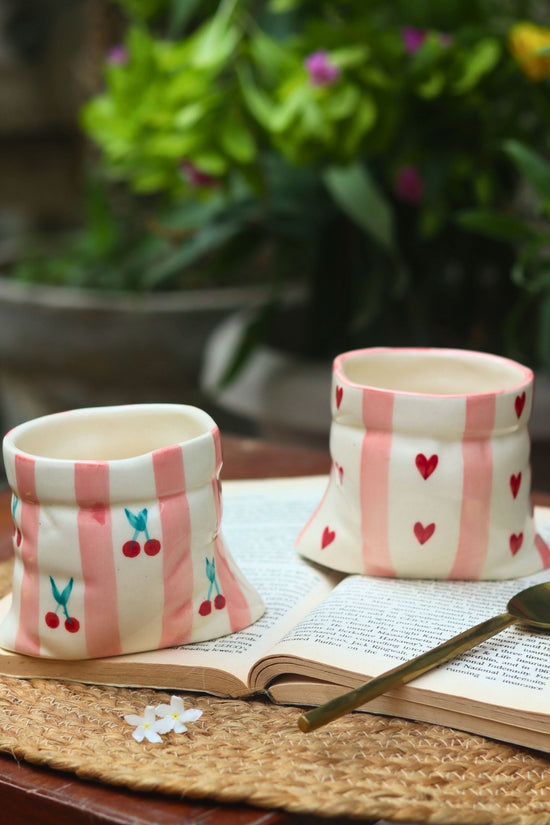 Set of 2 - Striped Heart Pouch & Striped Cherry Pouch Mugs combo