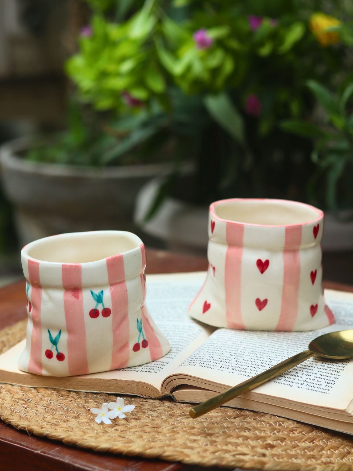 Set of 2 - Striped Heart Pouch & Striped Cherry Pouch Mugs combo