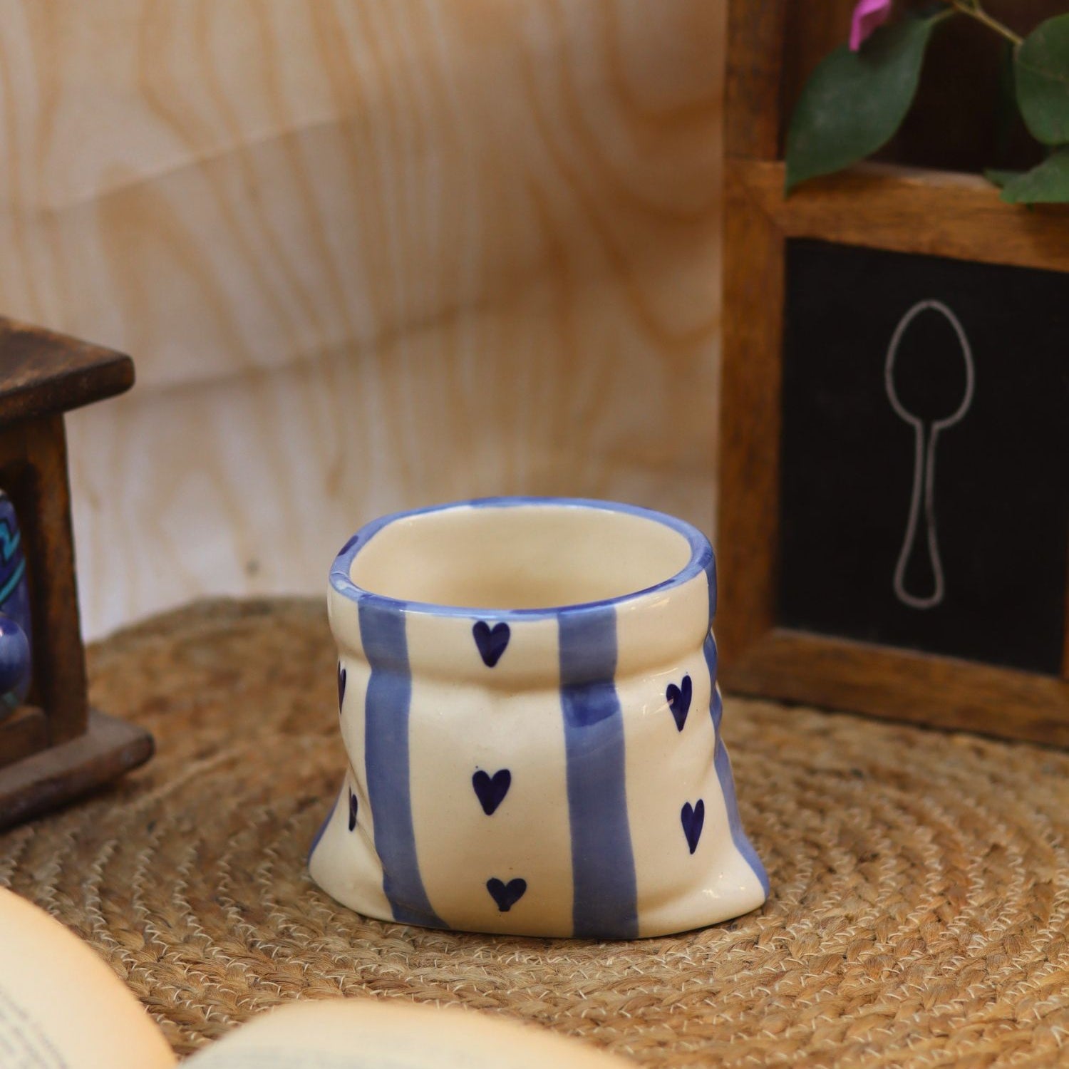 Striped Heart Pouch Mug - Blue microwave safe