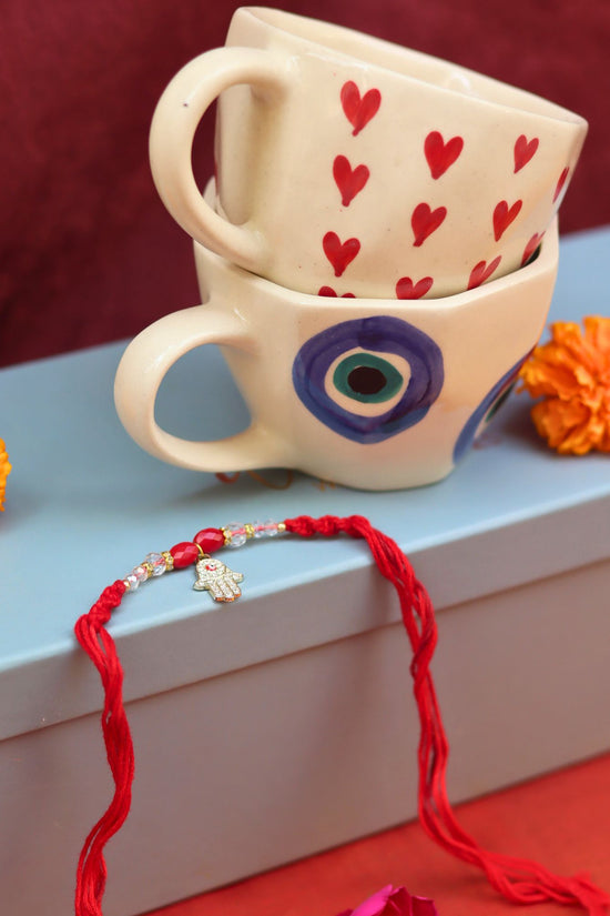 Heart & Evil Eye Mug Set Rakhi Gift Box made by ceramic