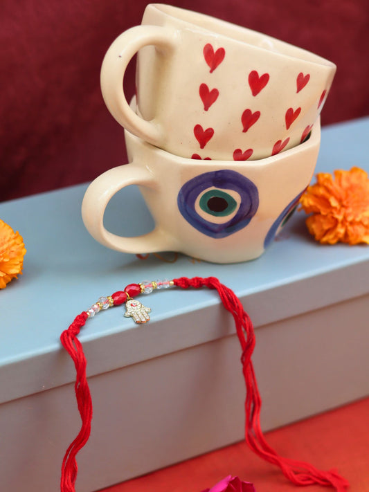 Heart & Evil Eye Mug Set Rakhi Gift Box made by ceramic